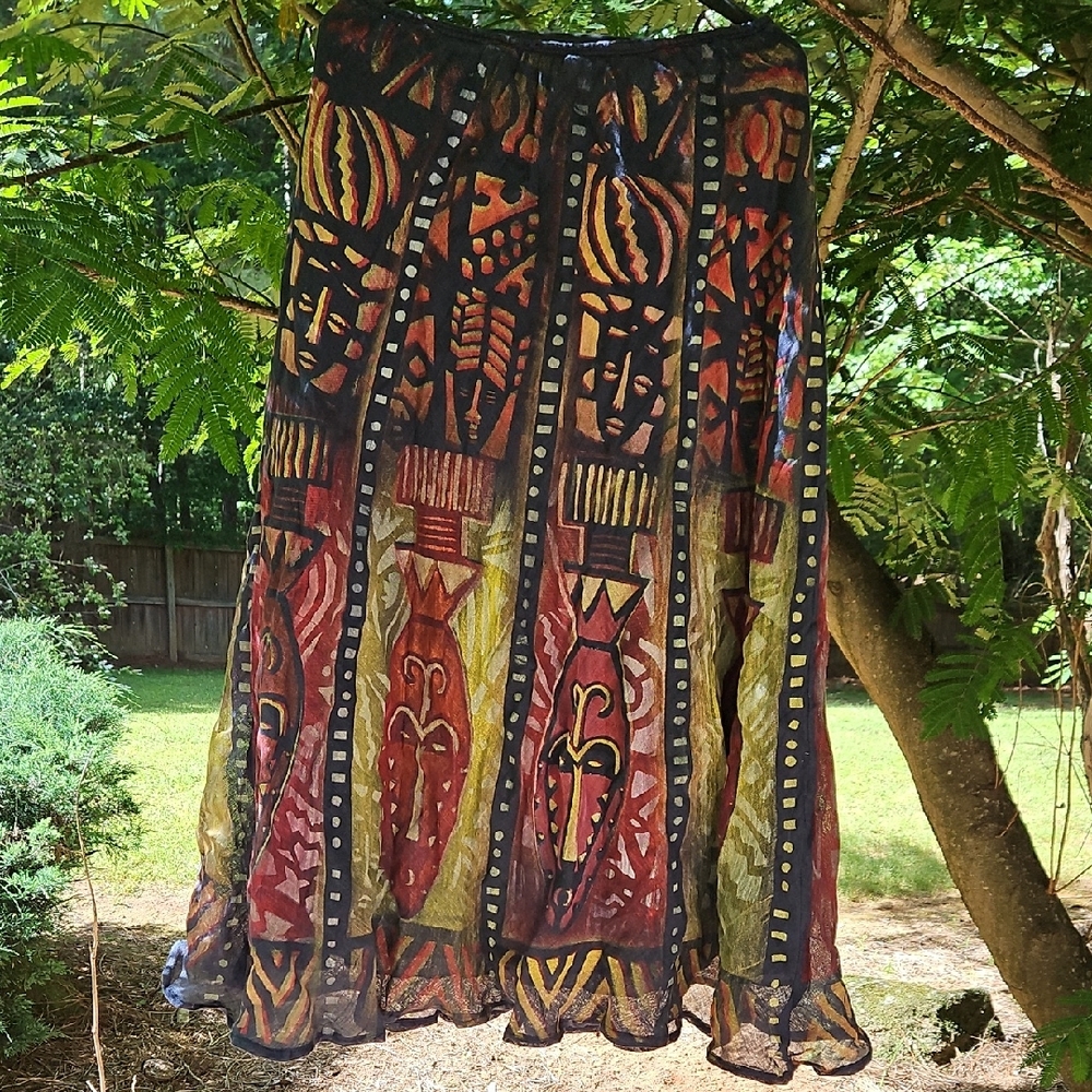 Vintage NWOT Handmade Hand Painted Size XL Multicolor Ethnic Print Women's Skirt
